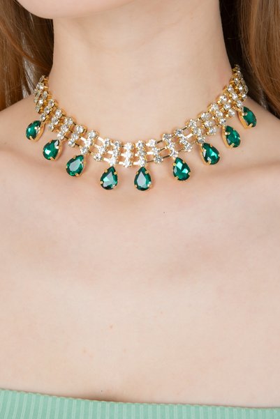 Furtek Aksesuar Women's Elegante Model Emerald Green Color Gold Plated Drop Stone Detailed 3 Row Zircon Choker Necklace
