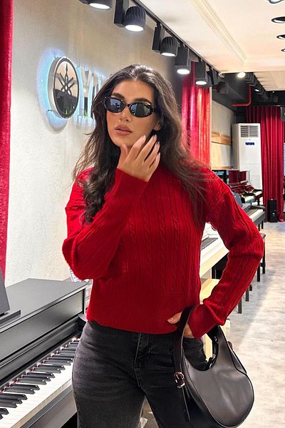 Madmext Red Half Turtleneck Braided Knitwear Women's Sweater Mg2257