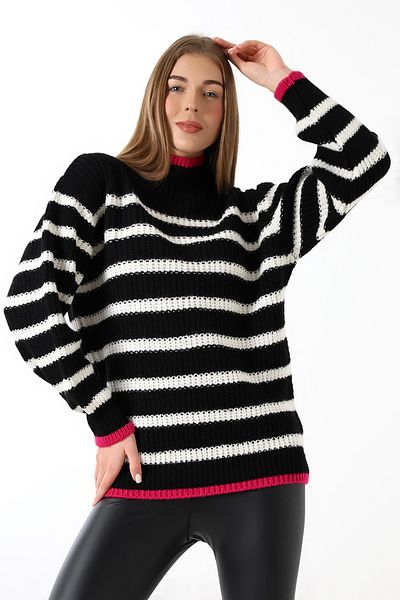 Devinka Women's Black Turtleneck Striped Oversize Knitwear Sweater