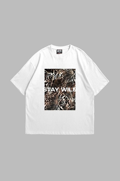 Bak Moda Πρόχειρο Εκτύπωση Stay Wild Leopard Printed 24/1 Oversize Unisex Λευκό Tshirt