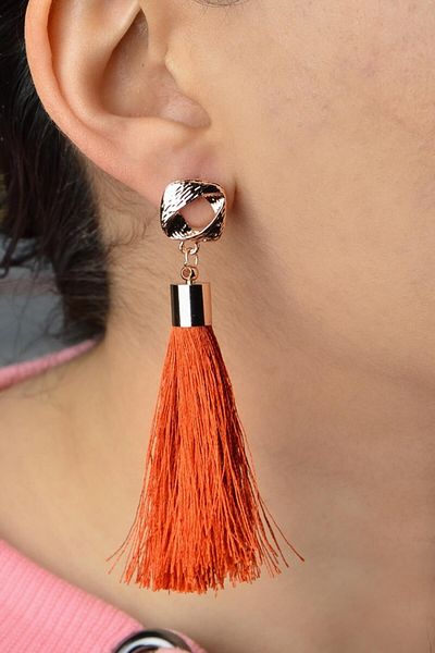 AKIN AKSESUAR HEDİYELİK Asymmetrical Design Figured Tasseled Long Gold Earrings