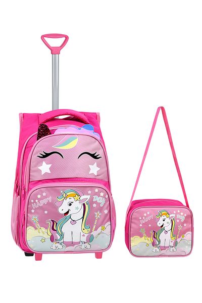 Çanta Trend Unicorn roz imprimat cu racletă, spate ortopedic, ghiozdan pentru școală primară + cutie de prânz