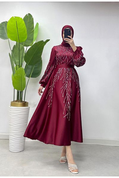 waw tesettür Leaf Stone Embroidered Satin Evening Dress