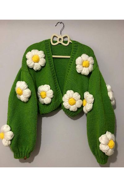 ThreadArtByNur Cardigan de damă Daisy tricotat manual