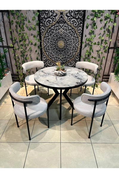 Mobigoom Teddy Model 4 Kişilik Mermer Desen Masa & Sandalye Takımı