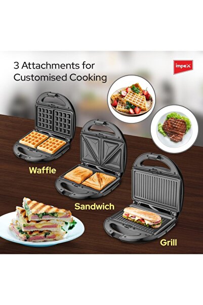 İMPEX Impex 3 in 1 Sandwich Maker,Grill Samosa, Waffle Maker, Non-Stick & Removable Plates, Lights