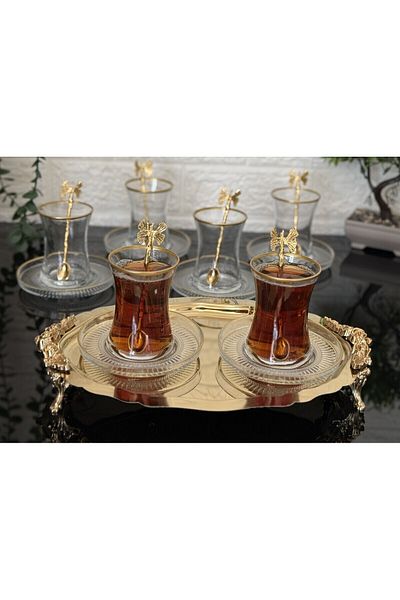 atabey home طقم شاي 18 قطعة شاي فراشة ذهبي مع ملعقة 6 أكواب 6 صحون 6 ملاعق