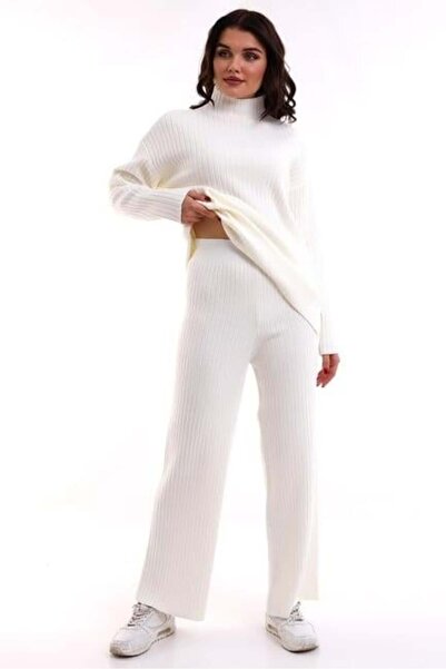 Irmak Kerekli Women's Ecru Oversize Ribbed Bottom Top Knitwear Set 6308