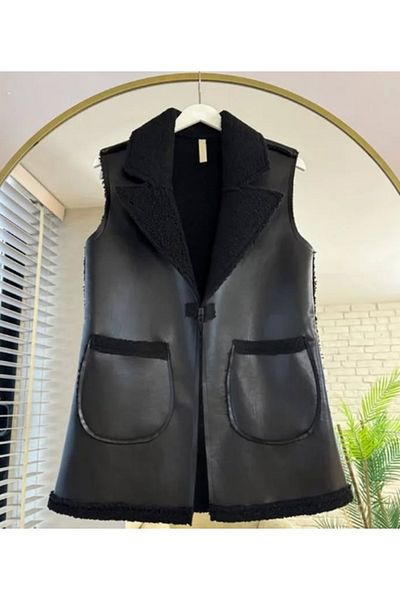 Butik Eylül Faux Leather Vest with Fur Inside