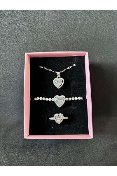 Sepetten Eve 3 lü Gerçek Çelik Kalpli ciddi ilişki seti Kalpli Yüzük Kolye Bileklik SET 14 Şubat sevgiliye hediye