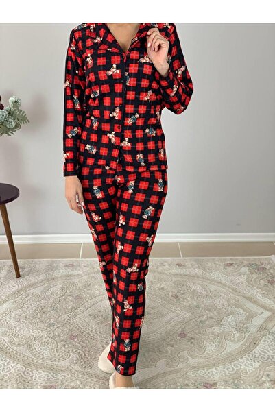 YusGos Women's Teddy Bear Patterned Suede Buttoned Plaid Pajama Set