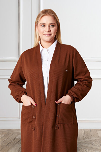 Ferace Large Size Women's Organ Cardigan - Celik Ottoman Brown