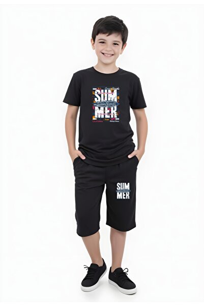 FYK COLLECTİON Комплект от горнище и долнище на капри с двоен джоб за момче с...