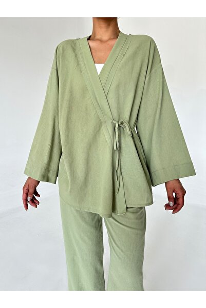 Laluvia Çağla részletes oldalkötésű vászonszövet kimonó szett