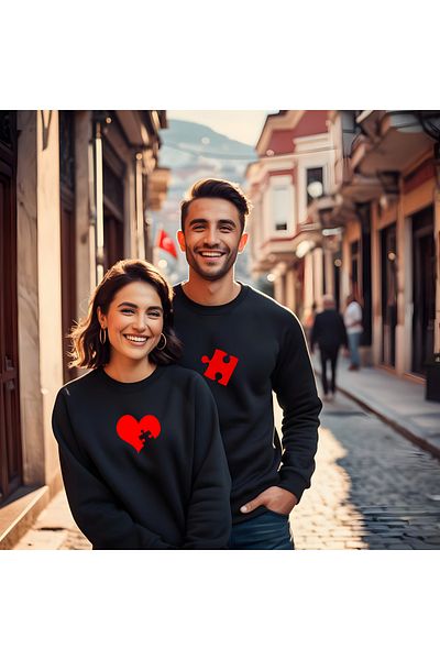 Gölge Store Valentine's Day Crew Neck Puzzle Heart Print Men's Slimfit Sweatshirt - 7013E