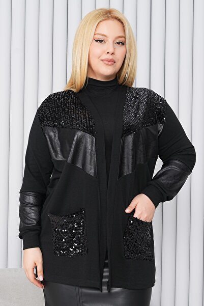 Siyezen Plus Size Sequin Embroidered Leather Detailed Stylish Cardigan
