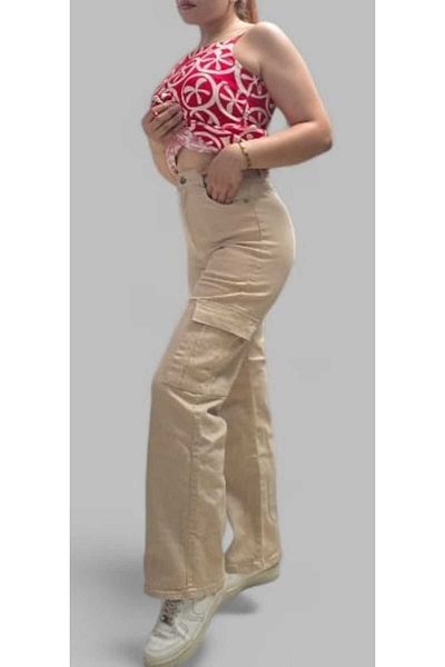 LAMİRA Beige Cargo Pocket Palazzo High Waist Jeans Trousers Queen