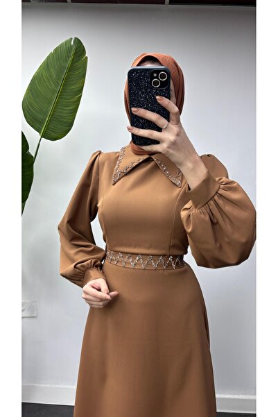 waw tesettür Neck and Belt Embroidery Detailed Ankle Rubbered Evening Dress