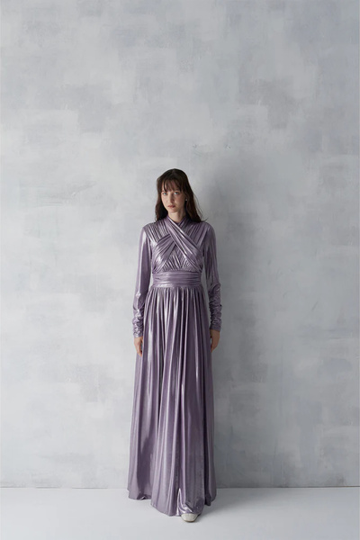 MERCI MS FANCY Parlak Kumaş Drapeli Pileli Uzun Abiye Elbise