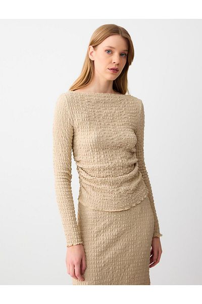 Jimmy Key Mink Slim Fit Boat Neck Patterned Knitted Blouse