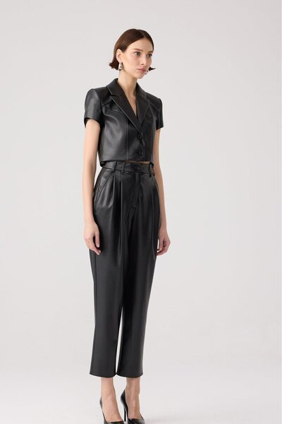 rue Relaxed Fit Black Faux Leather Trousers