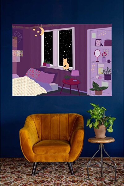 Enesar Home Kedi ve gece gökyüzü Birinci Kalite Kumaş Duvar Örtüsü Duvar Halısı