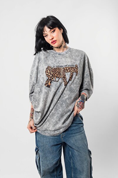 Bak Moda Dominante Leopard Printed Oversize Unisex Πλενόμενο Λευκό Tshirt