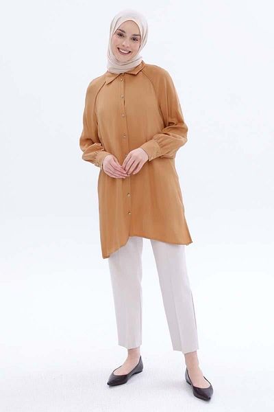 ALLDAY Camel-Plus Size Raglan μανίκι πουκάμισο τουνίκ
