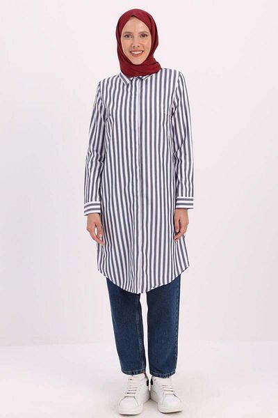 ALLDAY Navy Blue-White-Hidden Placket Shirt Tunic