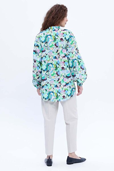 ALLDAY Mavi-Yeşil-%100 Pamuklu Desenli Poplin Gömlek Tunik