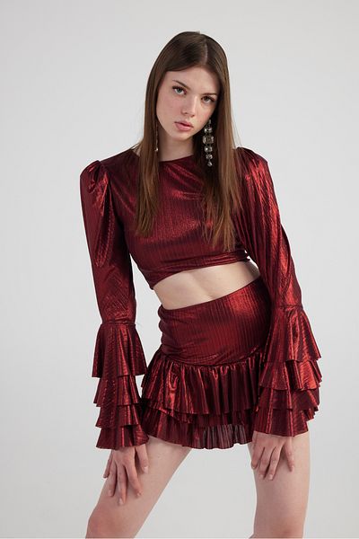 HOLLY LOLLY Burgundy Ruffle Shiny Fabric Skirt and Blouse Set