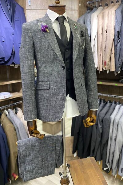 Slimfit Kesim Erkek Desenli Yelekli Takim Elbise-GRİ