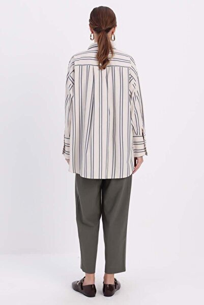 ALLDAY Taş-Lacivert-%100 Pamuklu Çizgili Gömlek Tunik