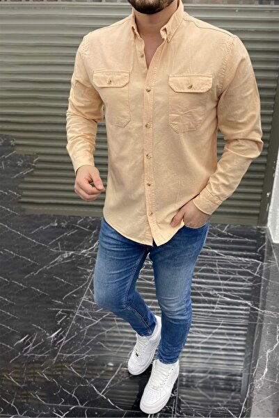 TUNAHAN ERKEK GİYİM Regular Kesim Erkek Cift Cepli Gabardin Gomlek-BEJ