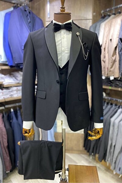 TUNAHAN ERKEK GİYİM Slimfit Kesim Damatlık Kadife Yaka Yelekli Takım Elbise-S...