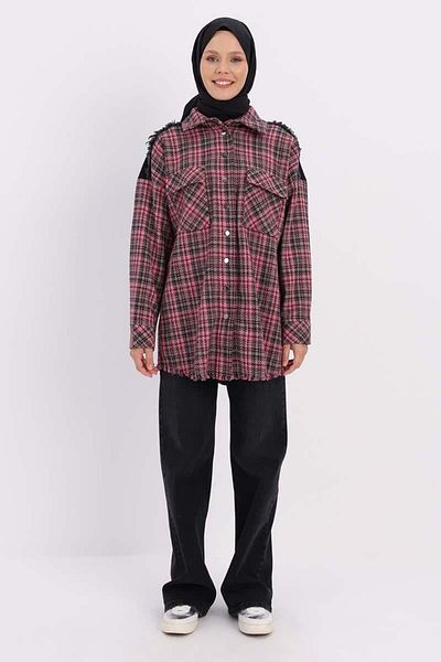 ALLDAY Pink-Black-Denim Garnished Tweed Shirt Tunic