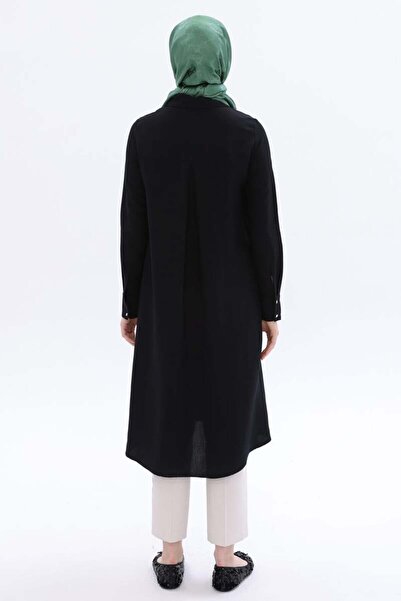 ALLDAY Siyah-Yırtmaçlı Keten Gömlek Tunik