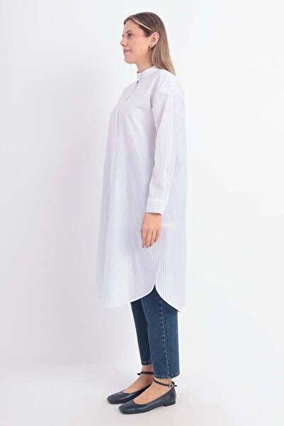 ALLDAY White-Blue-Cotton Striped Poplin Shirt Tunic