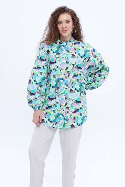 ALLDAY Tunica camasa din popelin cu model albastru-verde-100% bumbac