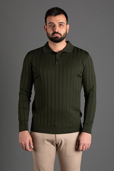 HAKİ Intelligent Exclusive Men's Khaki Textured Striped Polo Trick Sweater