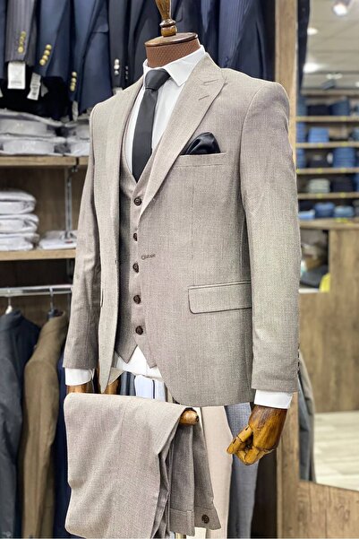 TUNAHAN ERKEK GİYİM Slimfit Kesim Armur Desen Erkek Yelekli Takim Elbise-BEJ