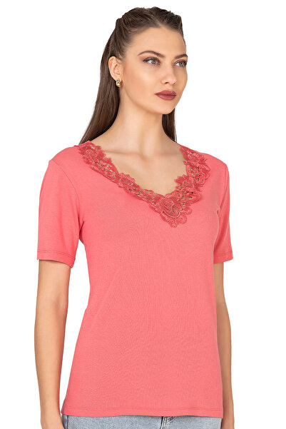 ÖZKAN underwear Özkan 2005 Women's 100% Cotton Flexible Comfortable Laced V-Neck Short Sleeve Magnolia Undershirt