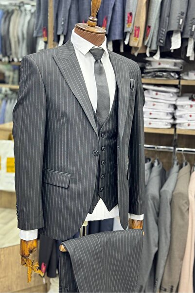 TUNAHAN ERKEK GİYİM Slimfit Kesim Erkek Cizgili Yelekli Takim Elbise-SİYAH