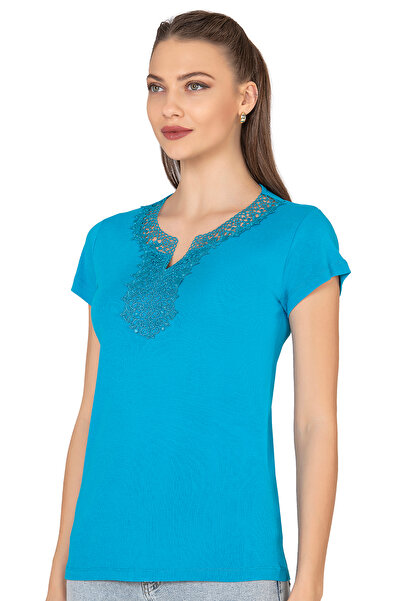 ÖZKAN underwear Özkan 2175 - Stretchy Lace 100% Cotton V-Neck Short Sleeve Women's Blouse