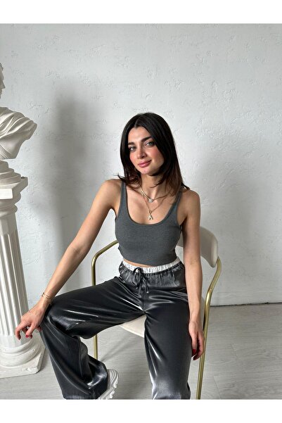 boutiquemery Antrasit Bel Detaylı Parlak Simli Palozzo Pantolon