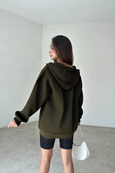 YAKAMEL Kadın 3 İplik Oversize Kapüşonlu Fermuarlı Hırka Sweatshirt