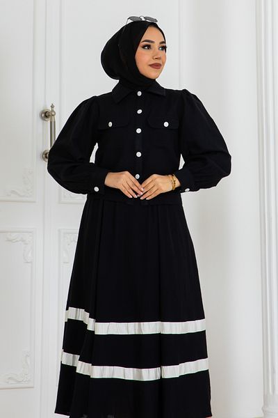 benguen Black Linen Set - Striped Skirt 2062