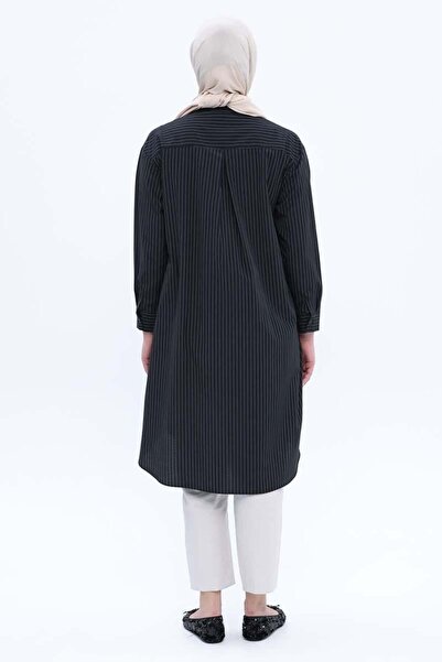 ALLDAY Siyah-Pamuklu Çizgili Poplin Gömlek Tunik