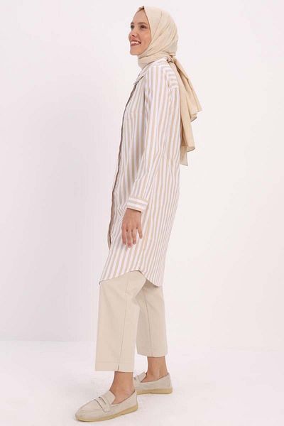 ALLDAY Beige-White-Hidden Placket Shirt Tunic