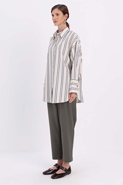 ALLDAY Taş-Lacivert-%100 Pamuklu Çizgili Gömlek Tunik